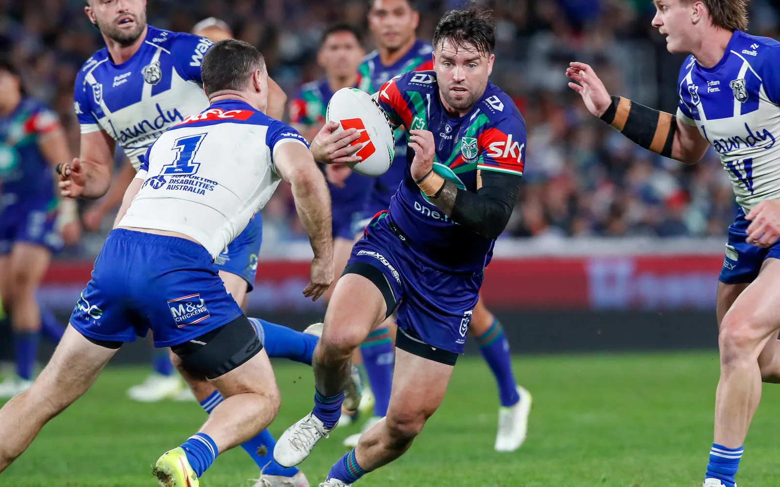 Wayde Egan in possession. Bulldogs v One NZ Warriors. NRL Rugby League, Accor Stadium NSW, Australia, Saturday 25th July 2026 Copyright Photo: David Neilson / www.photosport.nz