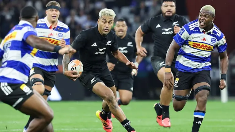 Rieko Ioane makes a run for the All Blacks against the Stormers.