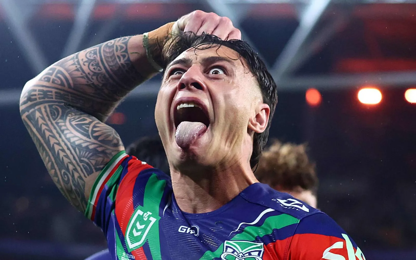 Charnze Nicoll-Klokstad of the Warriors celebrates a try during the Brisbane Broncos v NZ Warriors, round 24 rugby league match of the NRL Telstra Premiership at Suncorp Stadium, Brisbane, Australia on Saturday 15 August 2026. Photo: Jason O’Brien / Photosport